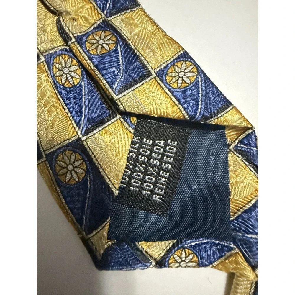 Citta Alta Mens Silk Necktie Gold Navy Blue Geometric Floral Medallion Check Tie